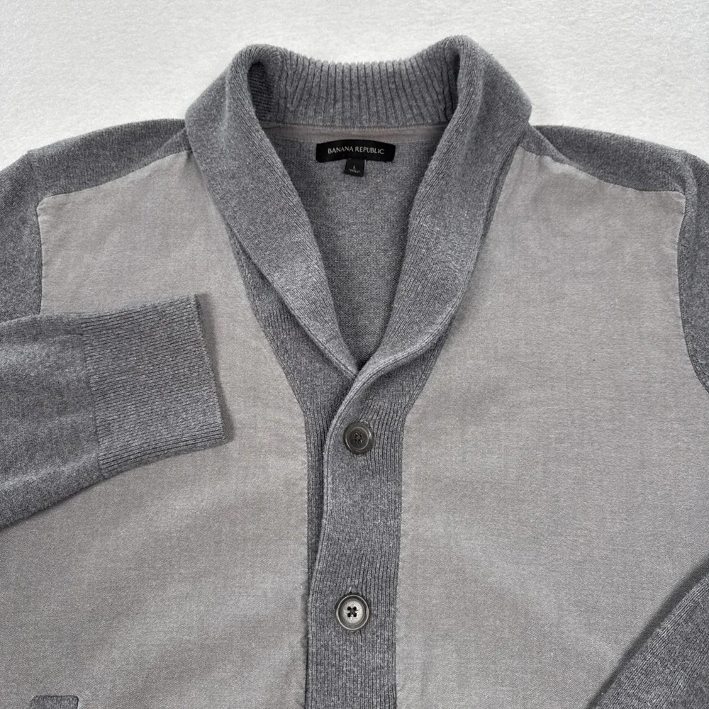 Banana Republic Cardigan Sweater Mens L Gray Shawl Collar Pockets 100% Cotton